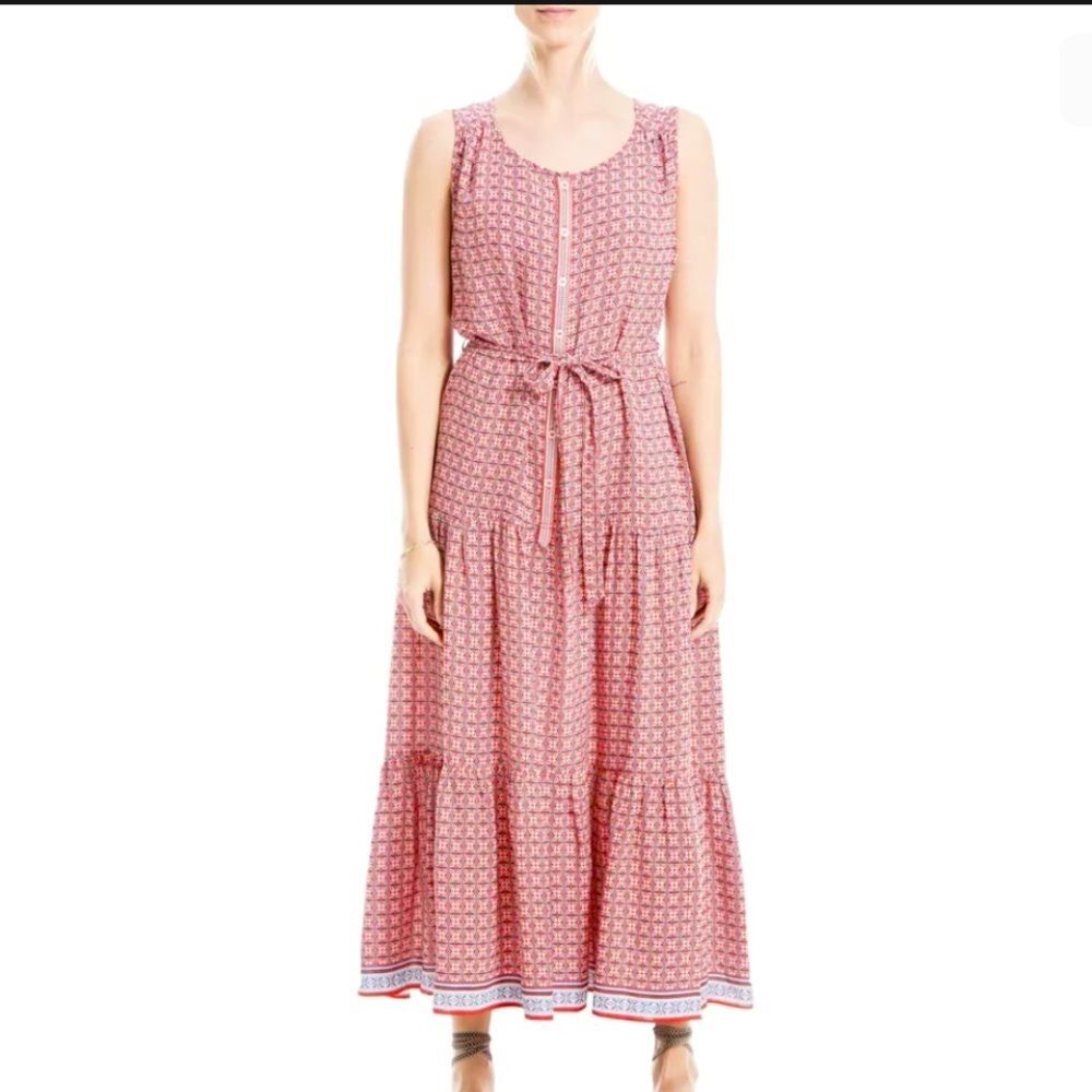 NEW Max Studio Red Geo Printed Belted Maxi Dress M